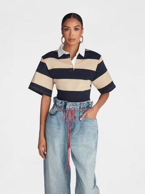 KBB by KAHLANA Women's Short Sleeve 'The Fitted Rugby Shirt' - Navy/Tan Striped